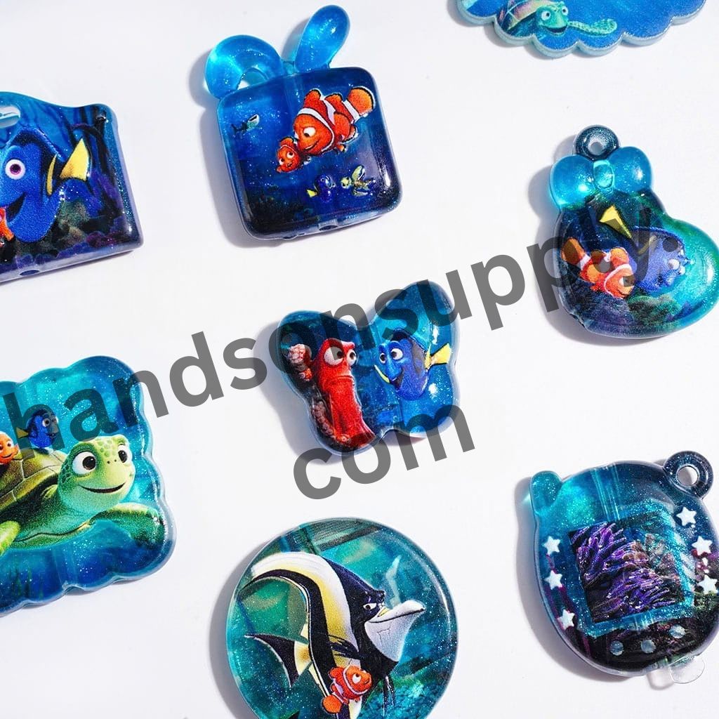 Adorable Blue Tang and Clownfish Cartoon Characters, Marine Life Blue Series Acrylic Beads and Pendants, Random Mix