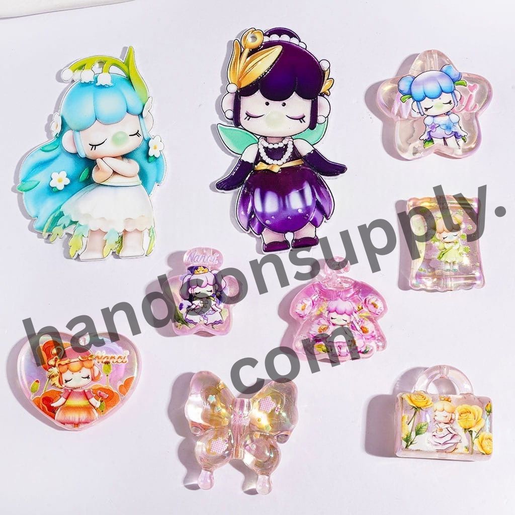 UV-Coated Dreamy Sleeping Girl Blowing Bubbles Acrylic Beads, Various Shapes & Designs, Random Mix