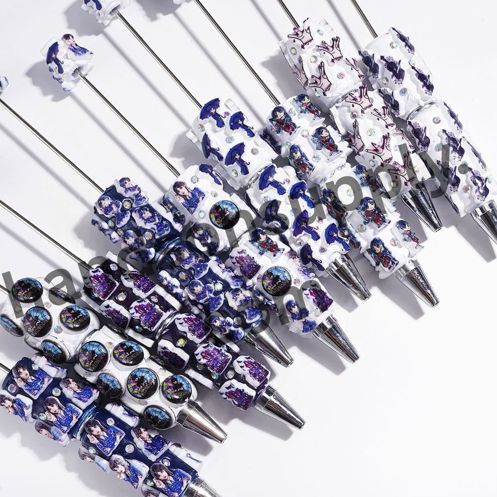 Spooky Iconic Horror Comedy Character American Transnatural Designs, Blue Series with Sparkling AB Rhinestones Beadable Clay Pens, Random Mix