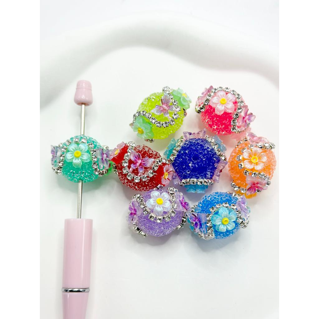 Sugar Acrylic Beads with Rhinestone Chain Jelly Color Butterfly Flower, Random Mix, 20MM by 26MM