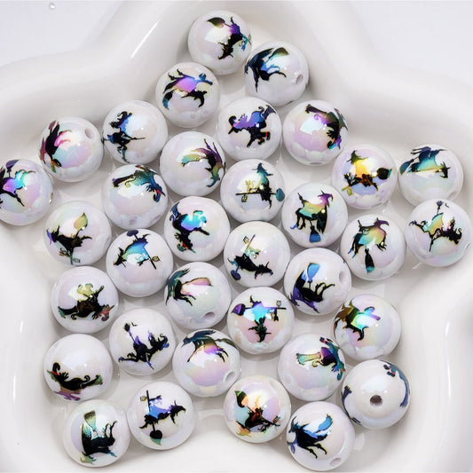 Witch Rides a Broomstick UV Coating Horror Halloween Round Acrylic Beads, 16MM