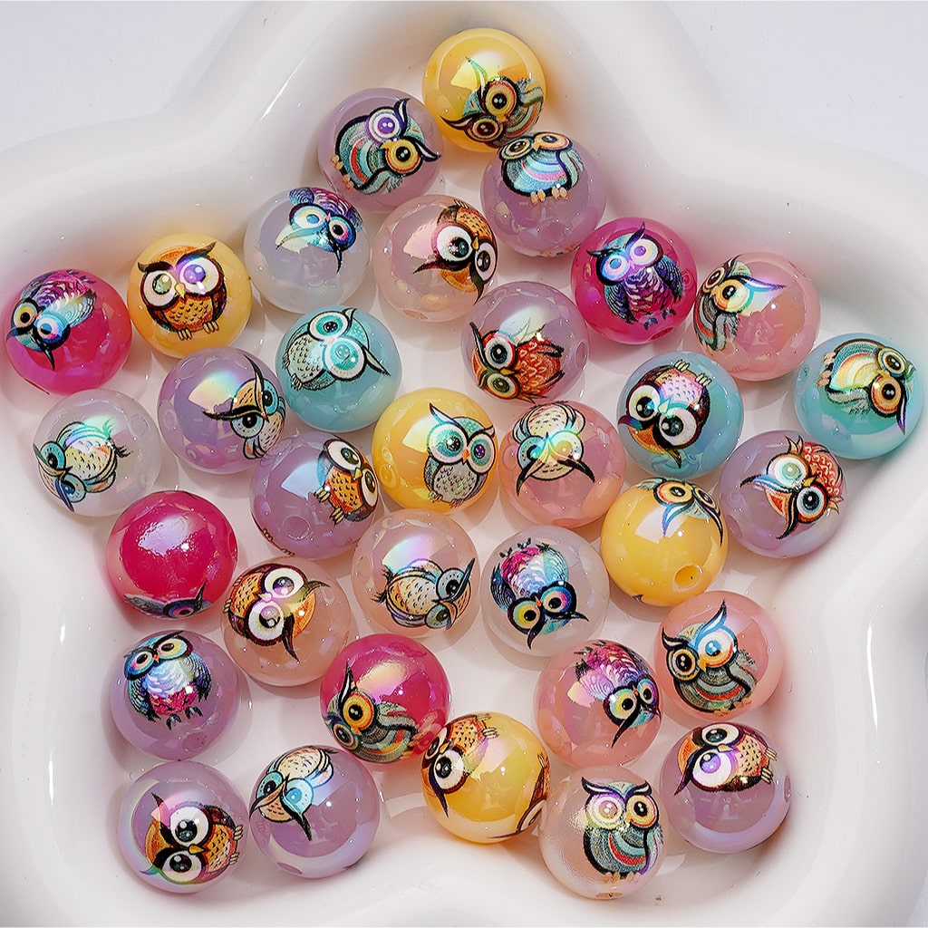 UV Coating Clear Jelly Cute Multi-Color Owl White Round Acrylic Beads 16MM