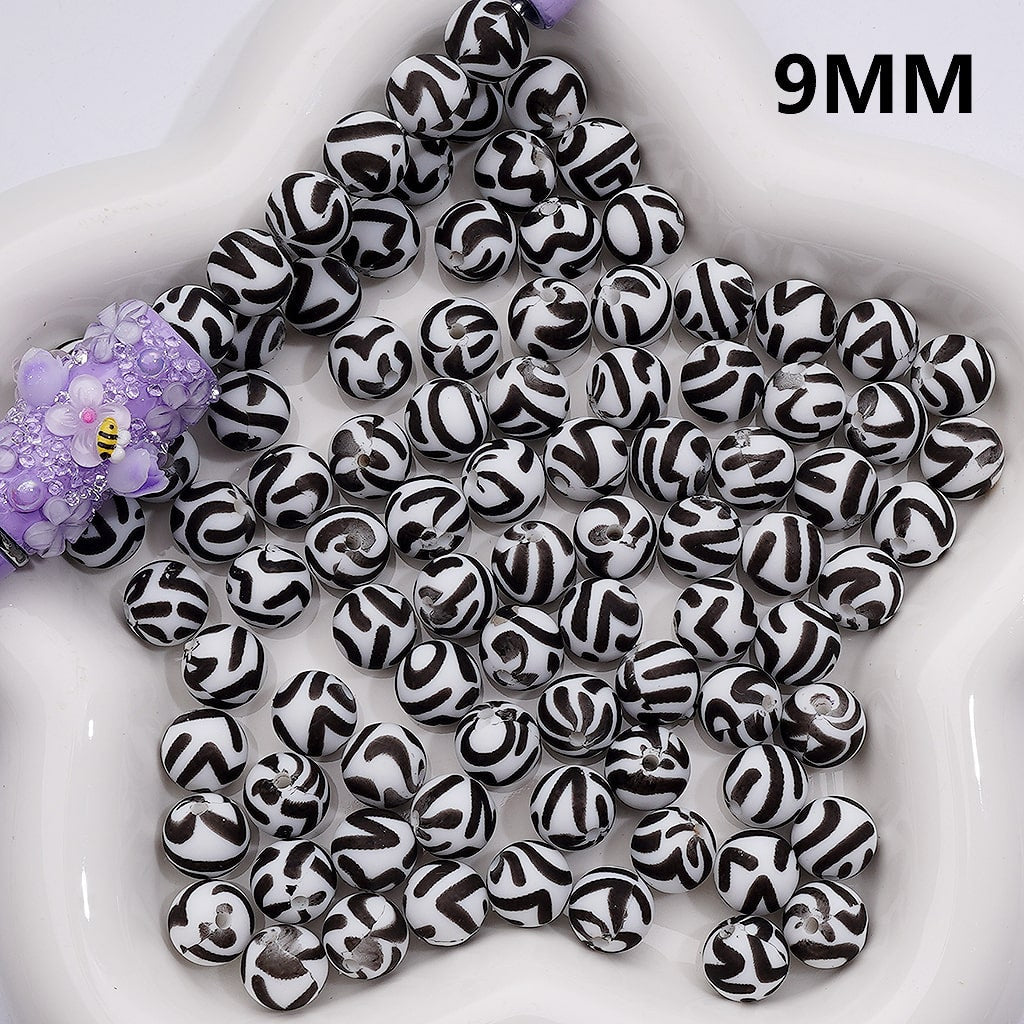 White Silicone Beads with Black Stripes Print, 9MM, Number Z-00267