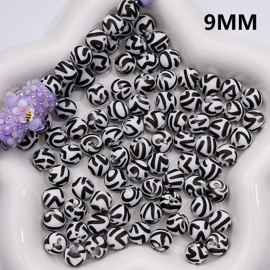 White Silicone Beads with Black Stripes Print, 9MM, Number Z-00267