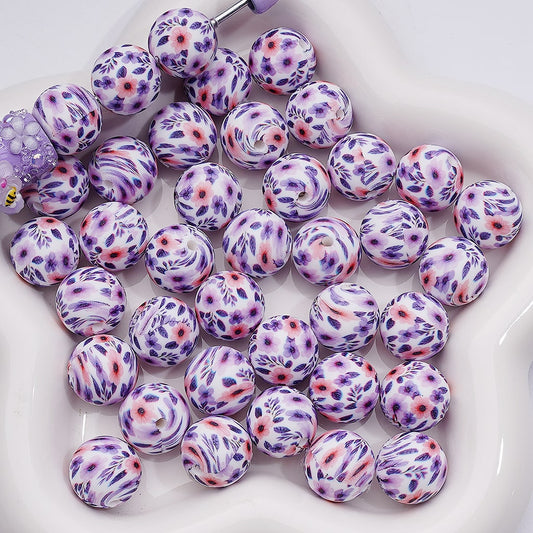Purple Pink Flowers Cute Printed Silicone Beads, 15MM, Number Z-00255
