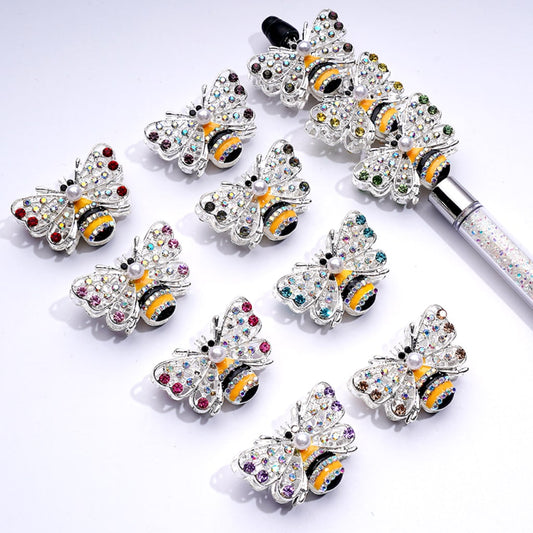 Elegant Silver Alloy Bee Beads – White Pearls & Multi-Color AB Rhinestones – 32×23MM Assorted Mix