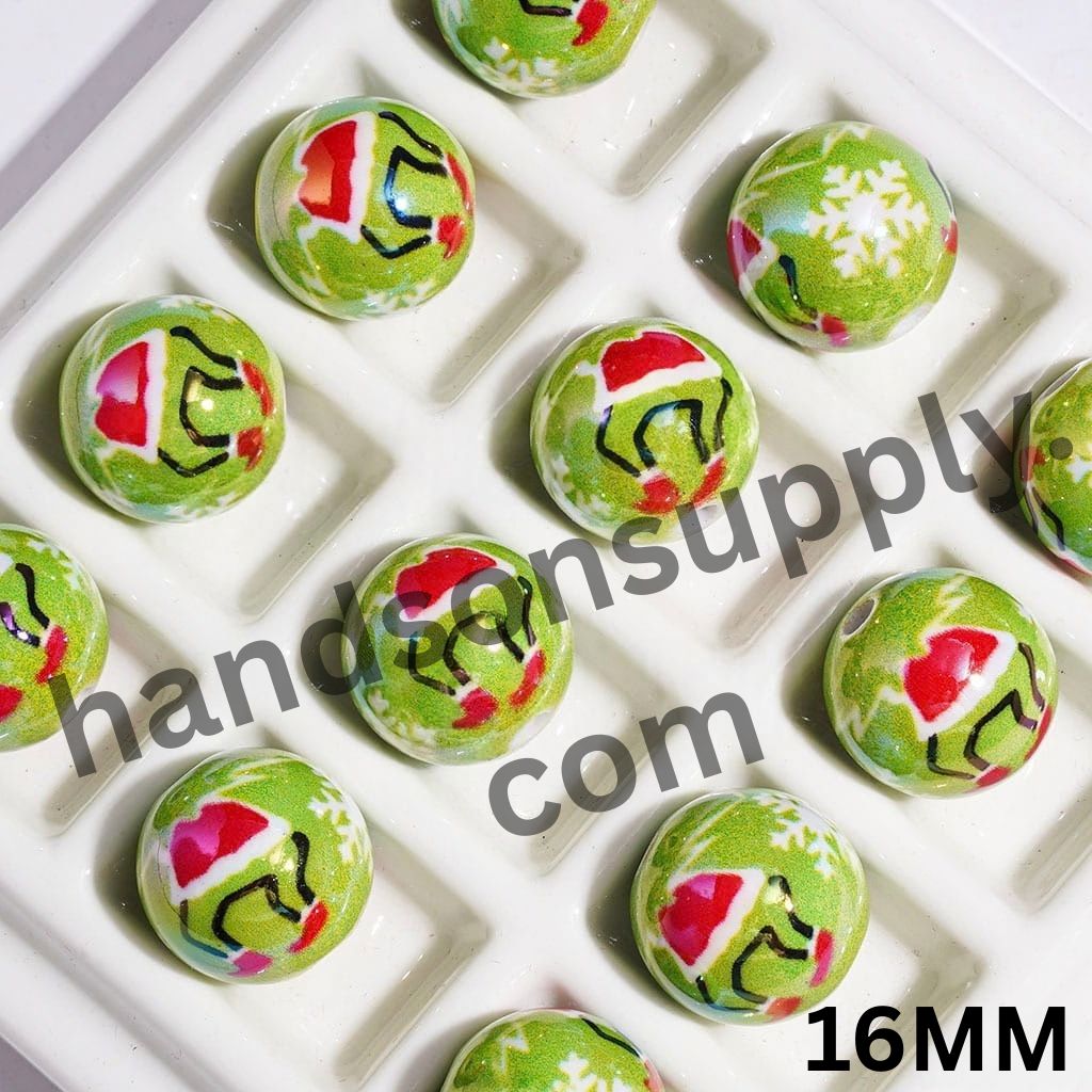 UV-Coated Festive White Snowflake & Christmas Green Character Printed Round Acrylic Beads for Bracelets, 16MM, Random Mix