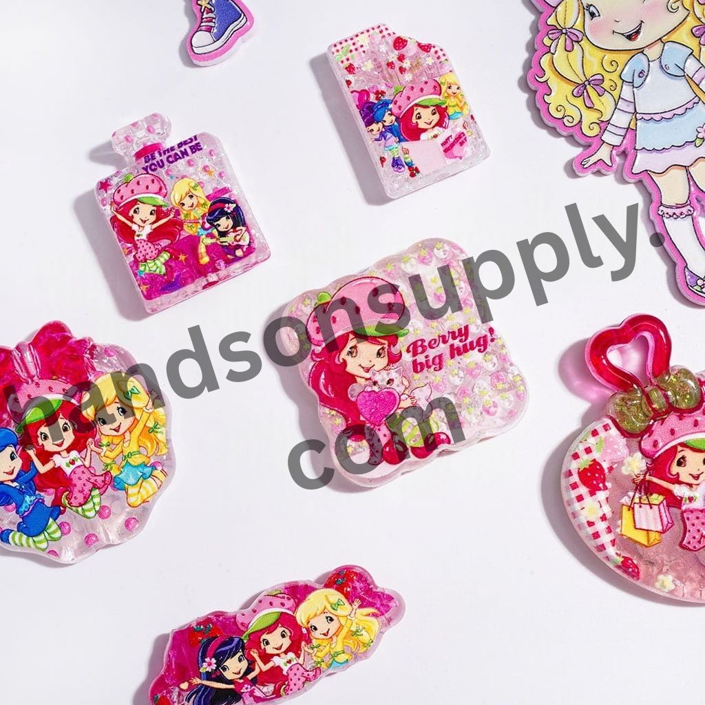 Sweet Berry Girl Character in Different Outfits Pink Series Crackle Acrylic Beads for Pendants, Random Mix