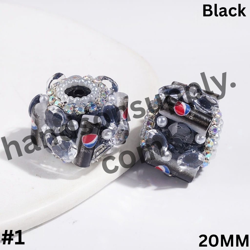 UV-Coated Famous Soft Drink Can Design with Large Cone-Shaped Rhinestones, AB Rhinestones & White Pearl Chains Handmade Acrylic Sugar Beads, 20MM, Multicolor