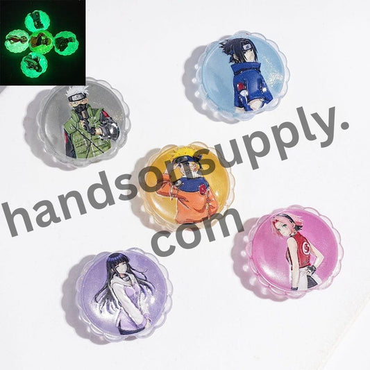 Adorable Japanese Anime Cosplay Character Print Luminous Cat-Eye Style Wavy Edge Flat Round Shape Acrylic Beads, 25MM, Random Mix