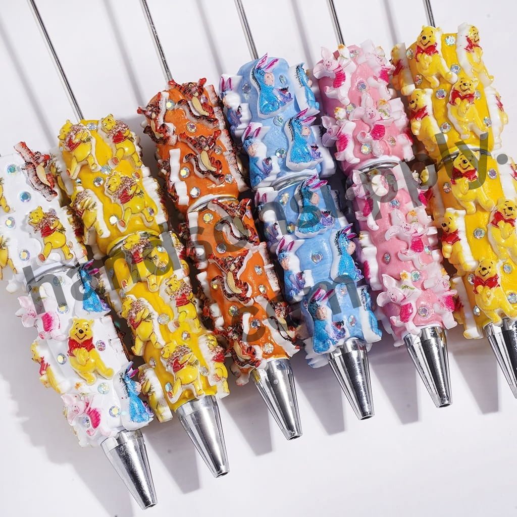 Playful Animal Character Series Donkey, Tiger, Bear & Pig with Sparkling AB Rhinestones Beadable Clay Pens, Multi-Color
