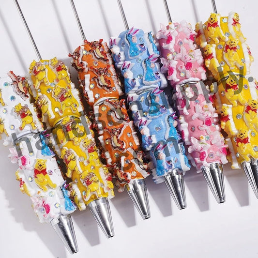 Playful Animal Character Series Donkey, Tiger, Bear & Pig with Sparkling AB Rhinestones Beadable Clay Pens, Multi-Color