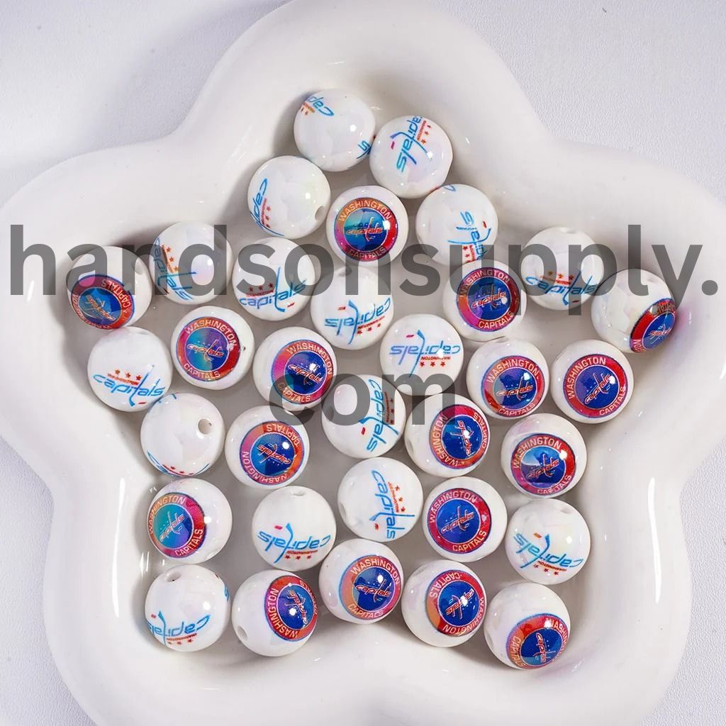 Round UV Coating Ice Hockey Team Pattern Acrylic Beads for Bracelets, 16MM