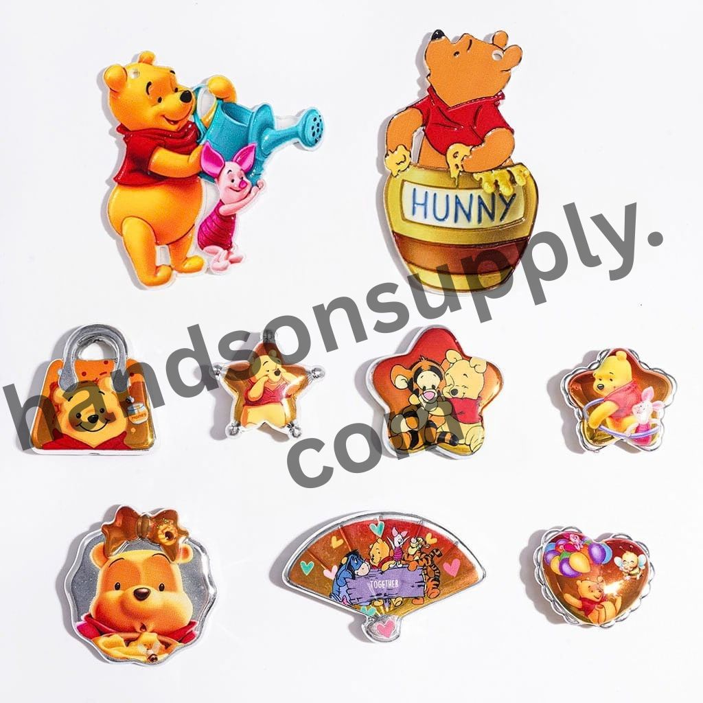 Sweet Honey Bear Character Series with Yellow-Themed Designs, Silver-Border Acrylic Beads & Pendants, Random Mix