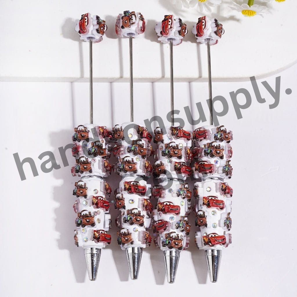 Cute Sports Car Characters with Sparkling AB Rhinestones on White Background Beadable Clay Pens