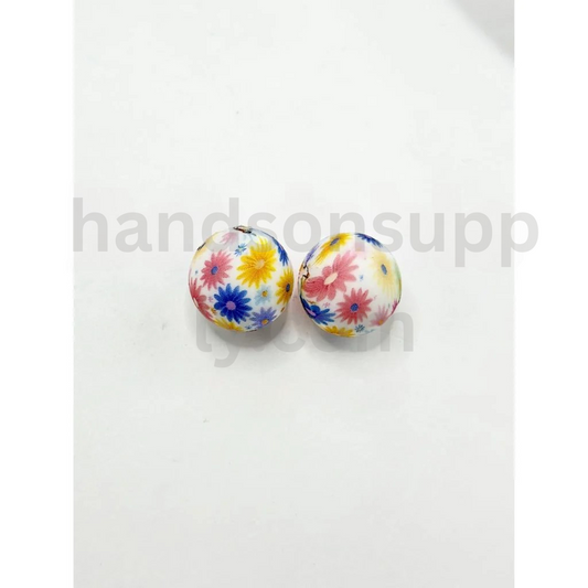 Small Flowers Pattern 15MM Round Printed Floral Design Silicone Beads