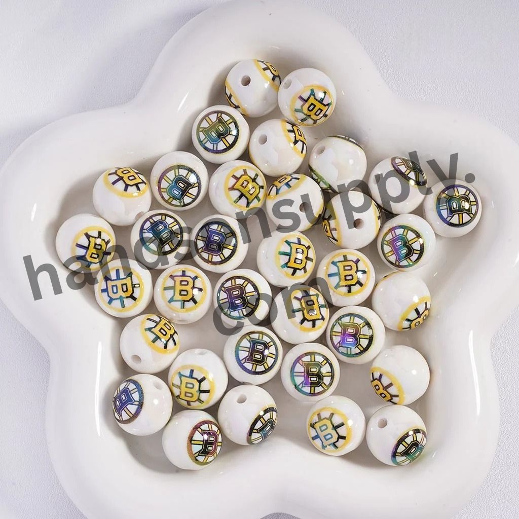 Round with UV Coating Ice Hockey Team Pattern Acrylic Beads for Bracelets, 16MM