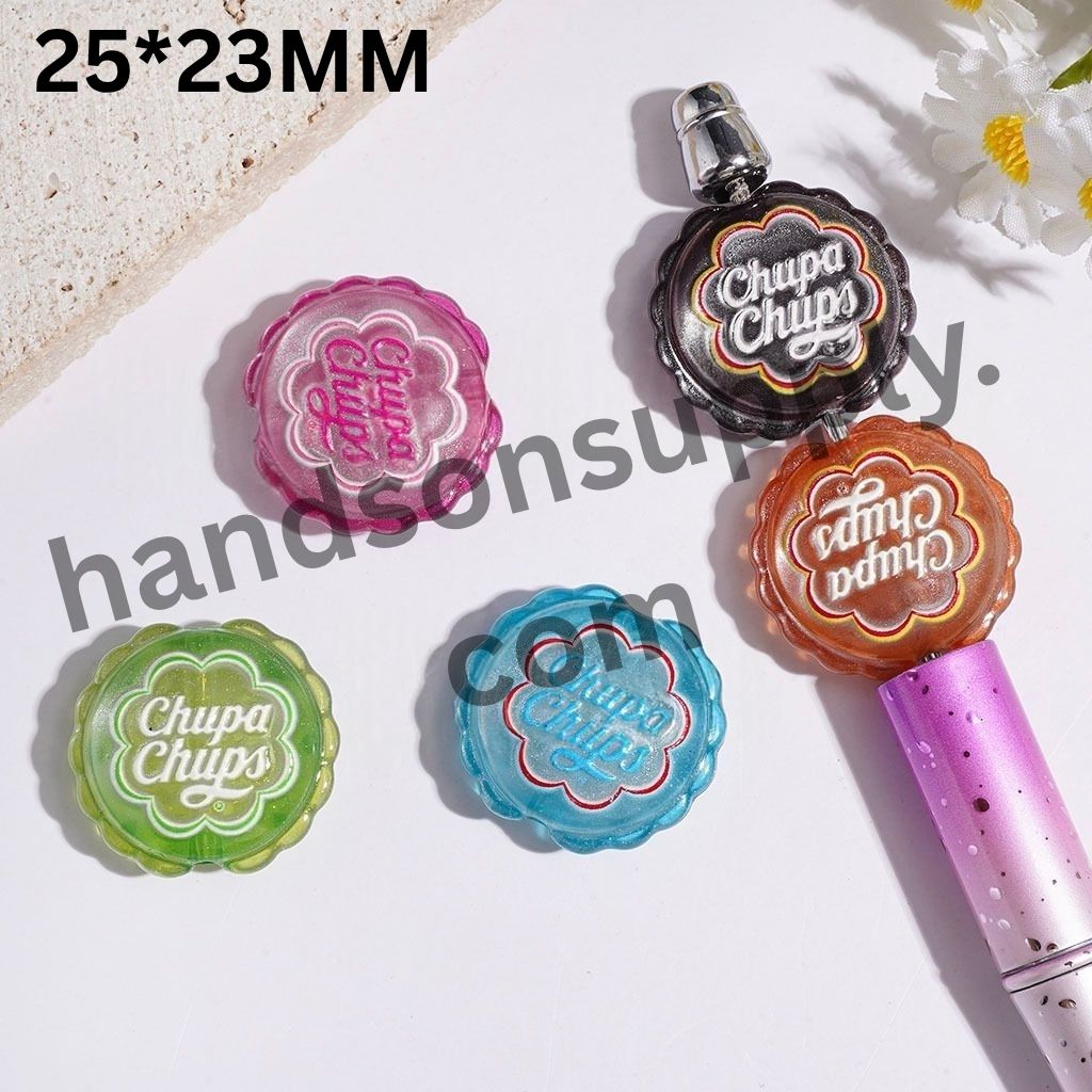Sparkling Candy Bottle Cap with Glitter Wavy-Edged Flat Round Acrylic Beads, 25*23MM, Multi-Color, Random Mix