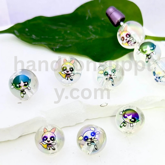 Powerpuf Girls Design Clear Round 16MM UV Finish Acrylic Beads