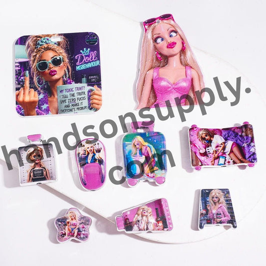 Trendy Fashion Doll Designs with Silver Edge Acrylic Beads and Pendants, Random Mix