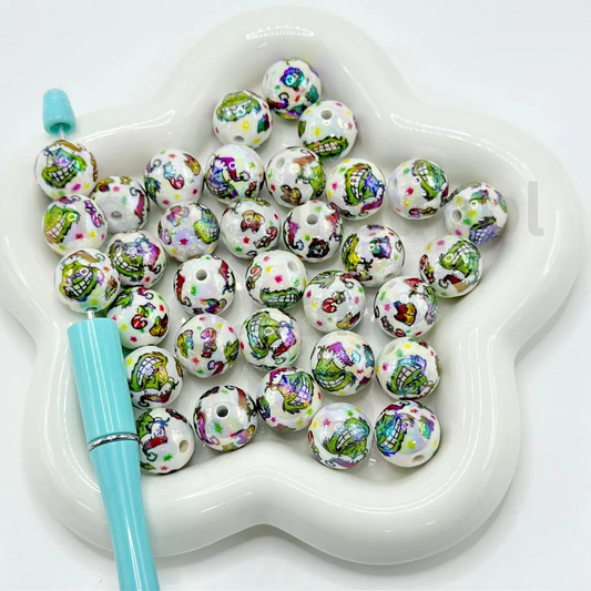 Green Grinch with Christmas Hat Gift and Star White Round 16MM Mix UV Finish Acrylic Beads