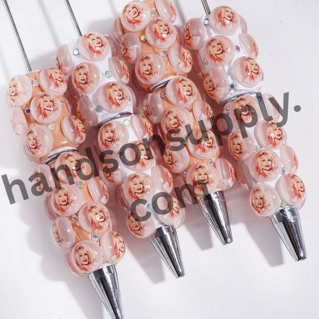 American Country Singer Profile Portraits with Sparkling AB Rhinestones, Light Orange and White Beadable Clay Pens