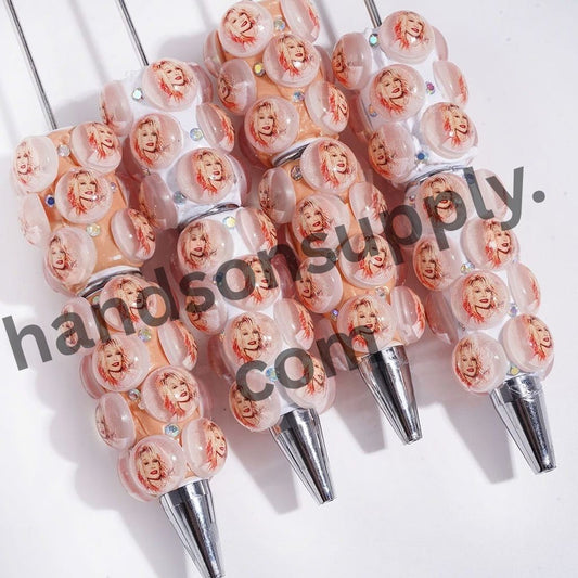 American Country Singer Profile Portraits with Sparkling AB Rhinestones, Light Orange and White Beadable Clay Pens