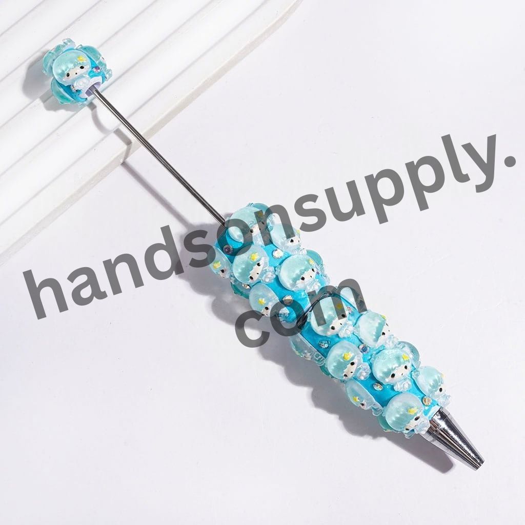 Cute Twin Double Star Character with Sparkling AB Rhinestones Pink & Turquoise Beadable Clay Pen
