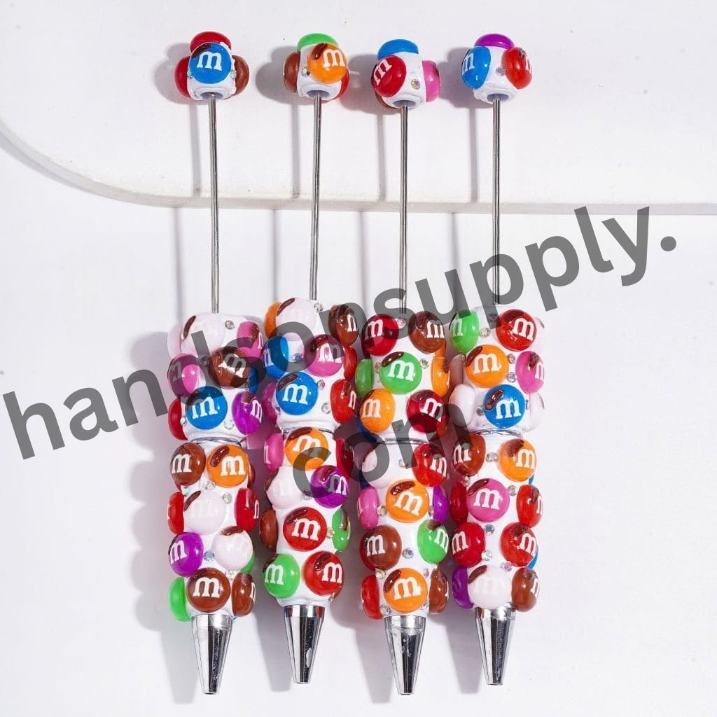 Playful Rainbow “M” Candy Beans with Sparkling AB Rhinestones Beadable Clay Pens, Assorted Colors