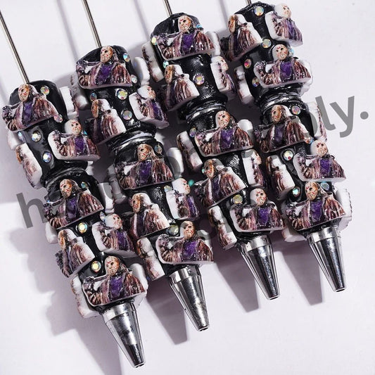 Spooky Hockey Mask Killer Character with Tool & Sparkling AB Rhinestones, Horror-Themed Beadable Clay Pens