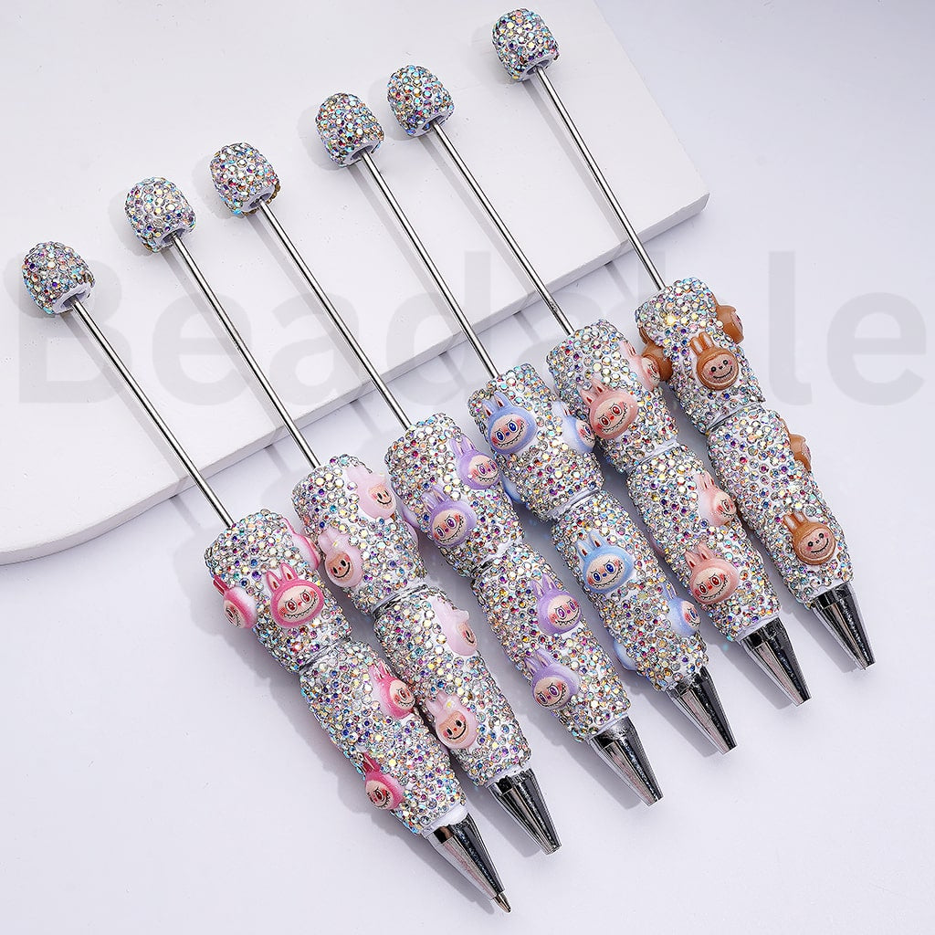 White Color Beadable Clay Pens with Cute Designer Cute Monster Doll Toy Head Pop Mar AB Rhinestones Covered the Entire Pen