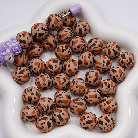 Mini Coffee Cups Cute Printed Silicone Beads, 15MM, Number Z-00256
