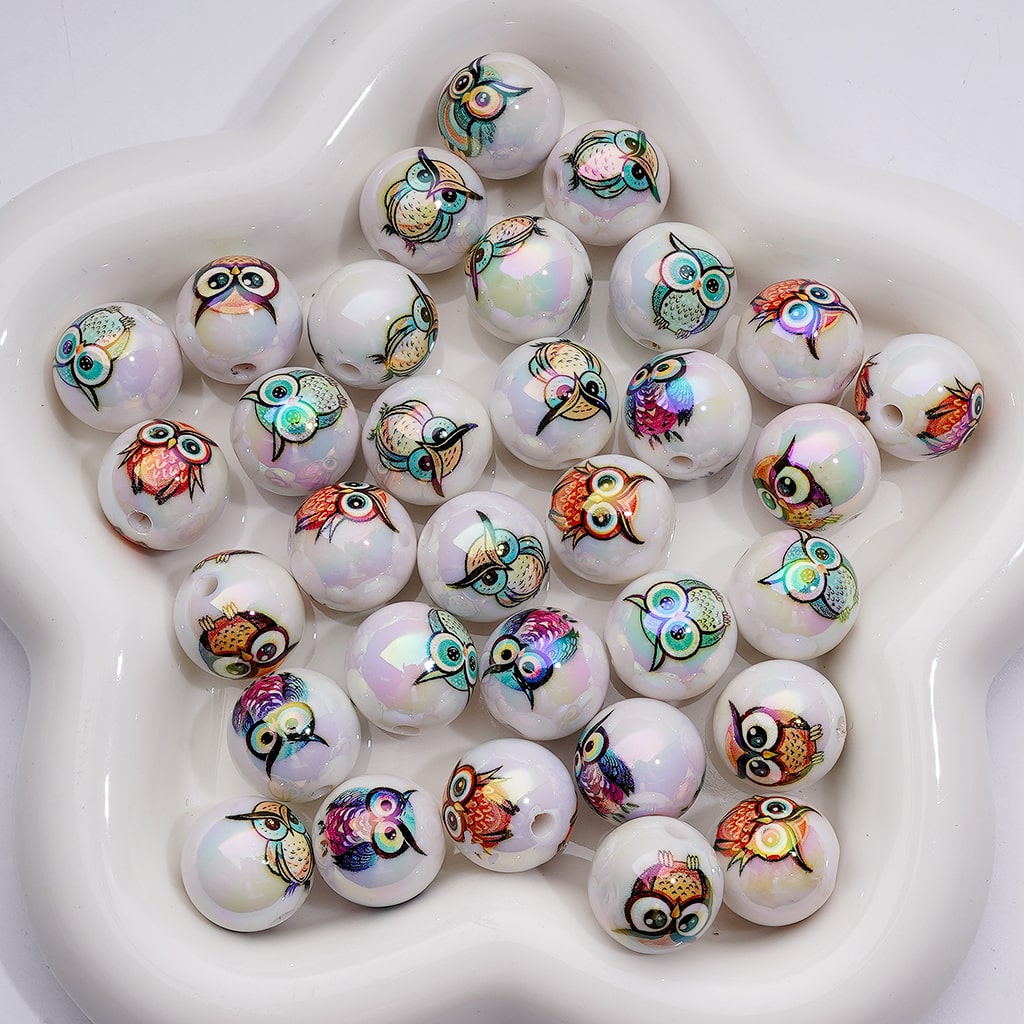 UV Coating Clear Jelly Cute Multi-Color Owl White Round Acrylic Beads 16MM