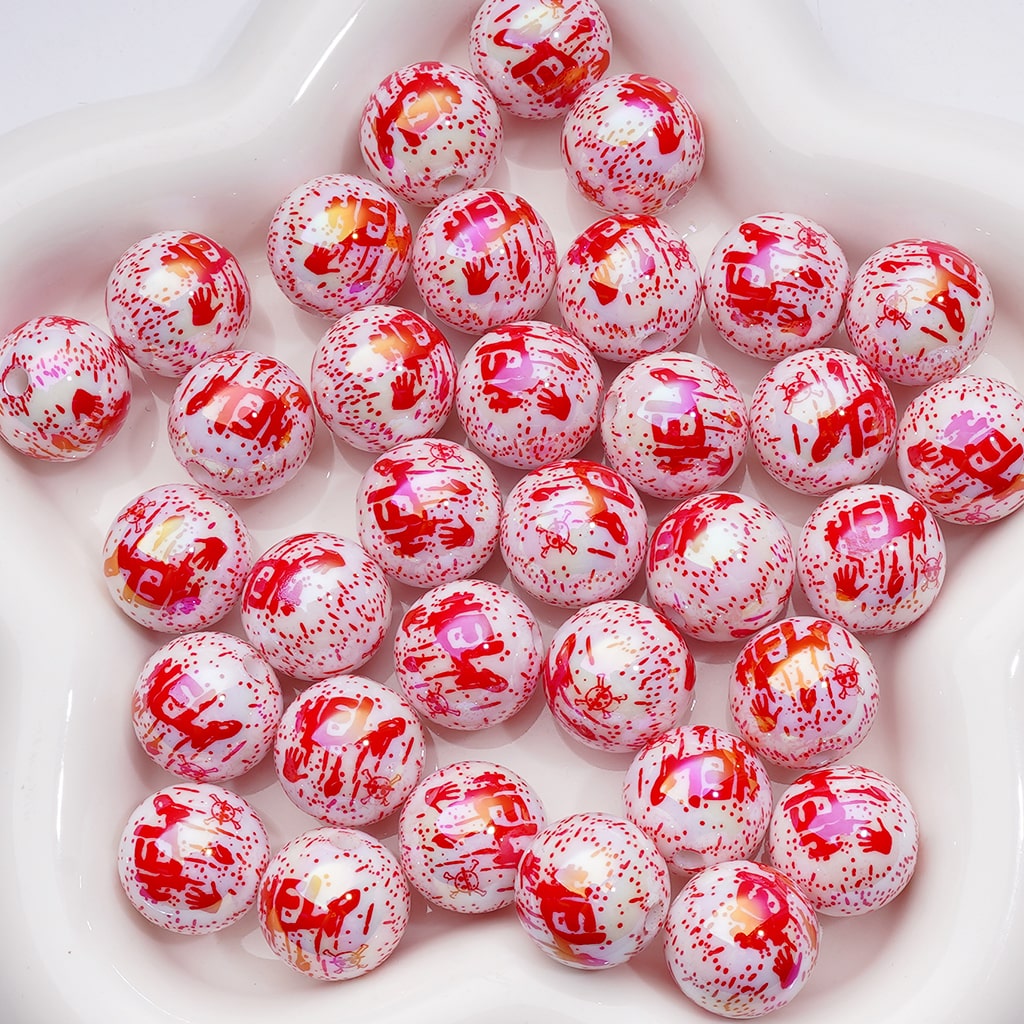 Red Bloody Hand Prints Hel Spots UV Coating Horror Halloween Round Acrylic Beads, 16MM