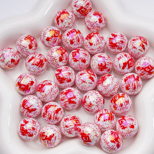 Red Bloody Hand Prints Hel Spots UV Coating Horror Halloween Round Acrylic Beads, 16MM
