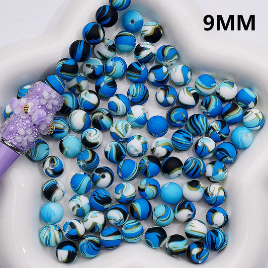Blue Black White Abstractive Printed Silicone Beads, 9MM, Number Z-00268