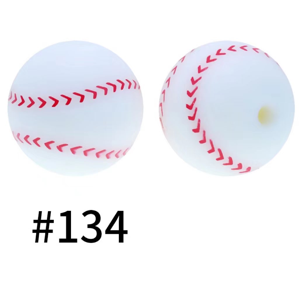 White Color Round Ball Shape Printed Baseball Silicone Beads, 15mm