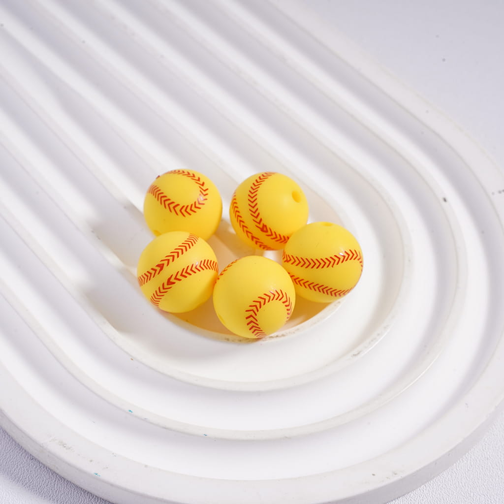 Round Yellow Softball Ball Printed Silicone Beads