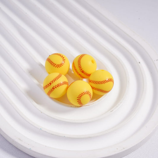 Round Yellow Softball Ball Printed Silicone Beads