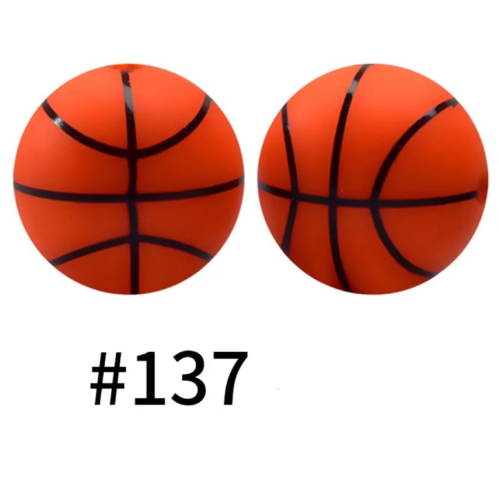 Basketball Orange Color Ball Design Basketball Printed Silicone Beads, Size 15mm