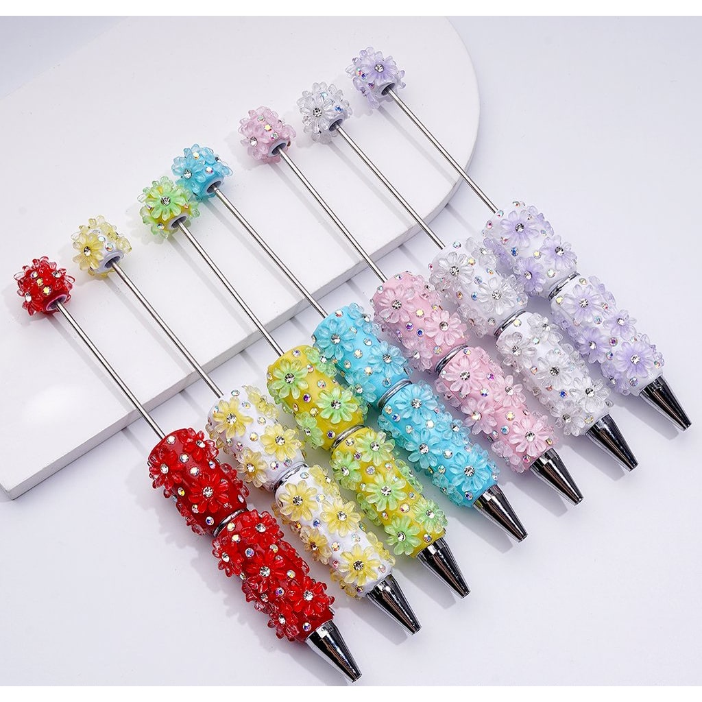 Vibrant Beadable Clay Pens with Mini AB Rhinestone Flowers – Clear Sparkle Accent