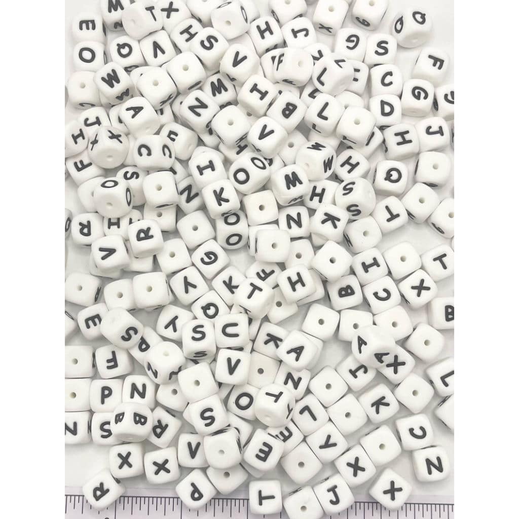 Alphabet All Letters, Silicone Letter Beads, White Color Cube, Square Shape, Size 12mm