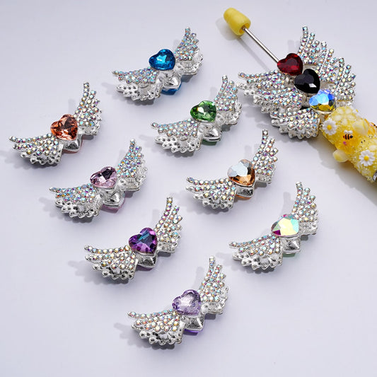 Sparkling Silver Alloy Angel Wings Beads – Mini AB & Multi-Color Heart Rhinestones – 37×17MM Elegant Design