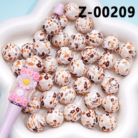 Leaves Flowers Brown Tree Printed Silicone Beads 15MM, Number Z-00209