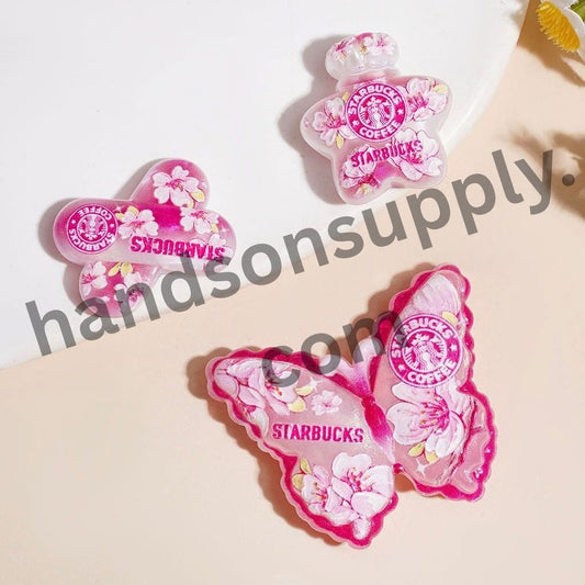 Pink Magnolia Flower Coffee-Themed Assorted Shapes Acrylic Beads & Pendants, Random Mix