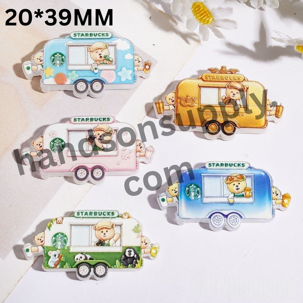 Adorable Bear Characters with Cute Coffee Bus Acrylic Beads & Pendants, 20*39MM, Multi-Color, Random Mix