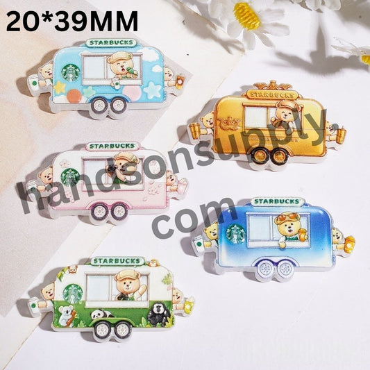 Adorable Bear Characters with Cute Coffee Bus Acrylic Beads & Pendants, 20*39MM, Multi-Color, Random Mix