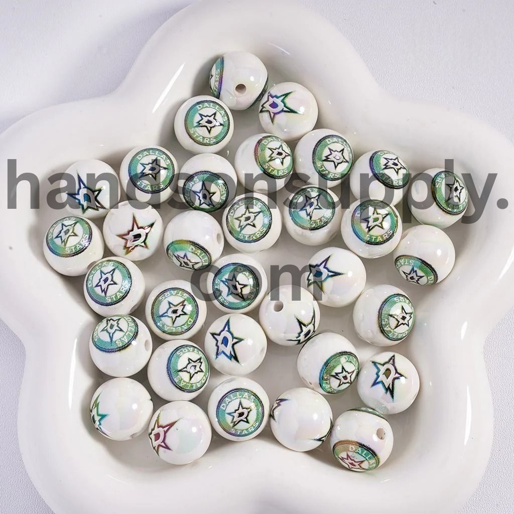 Round UV Coating Ice Hockey Team Pattern Acrylic Beads for Bracelets, 16MM