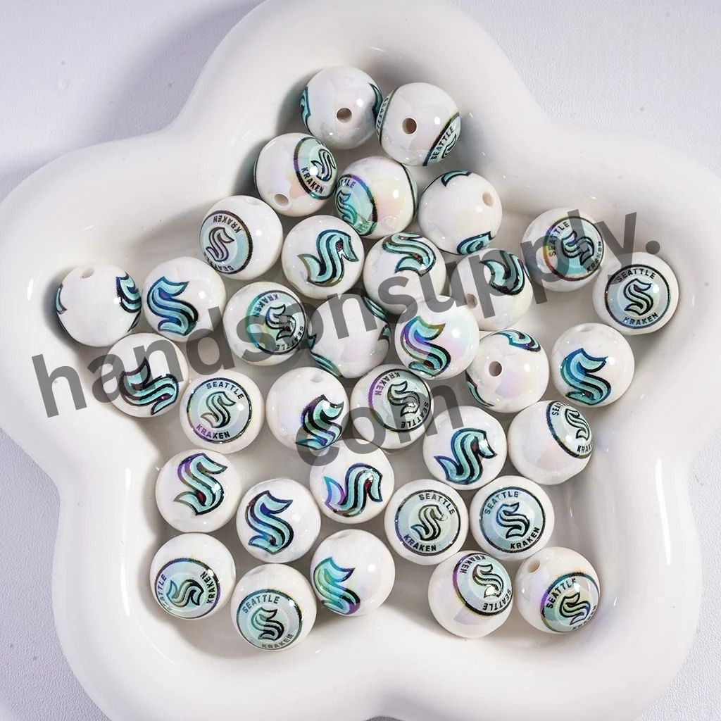 Round with UV Coating Ice Hockey Team Pattern Acrylic Beads for Bracelets, 16MM