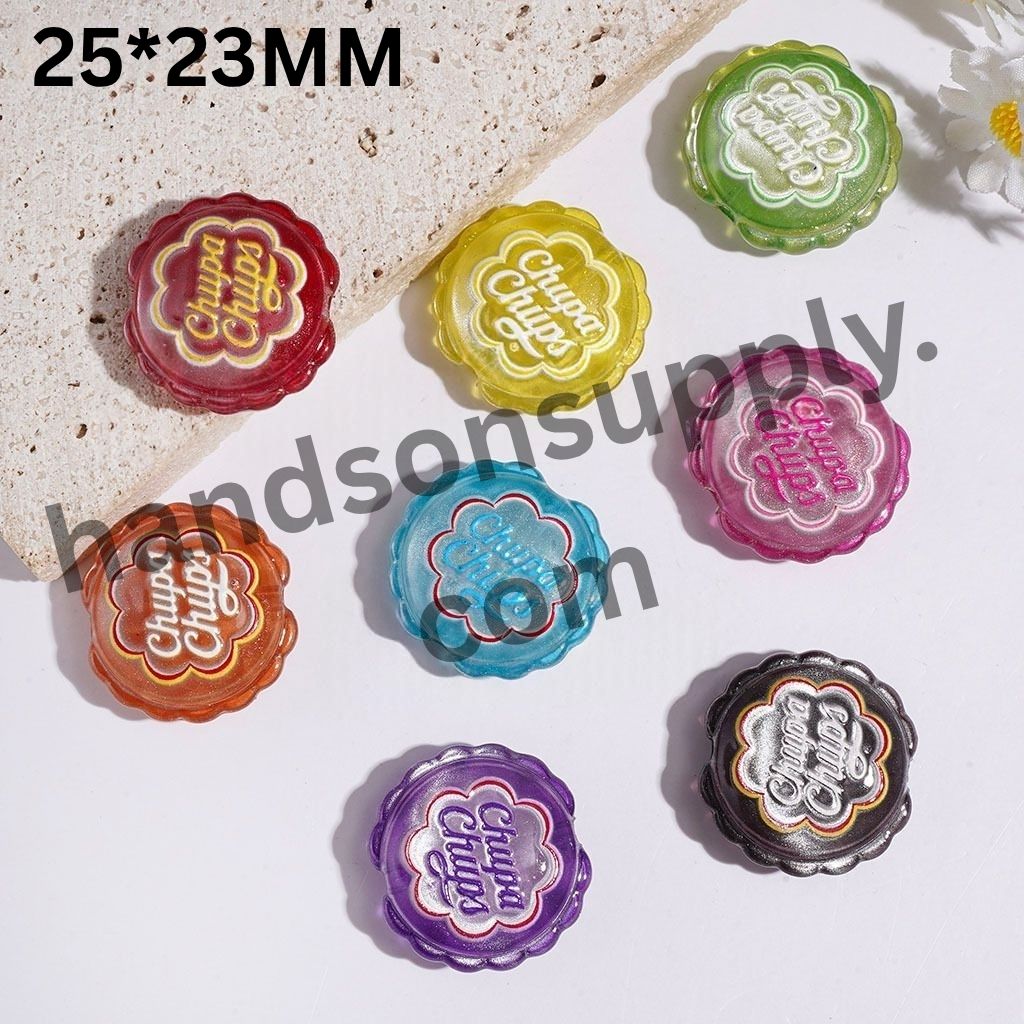 Sparkling Candy Bottle Cap with Glitter Wavy-Edged Flat Round Acrylic Beads, 25*23MM, Multi-Color, Random Mix